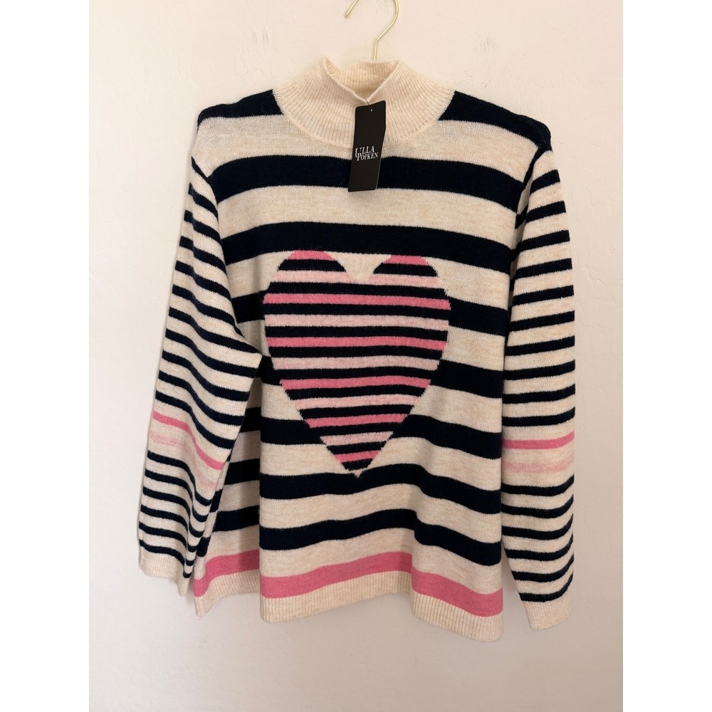 Ulla Popken Women Mock Neck Striped Heart Preppy Sweater Plus Size 24/26 NWT